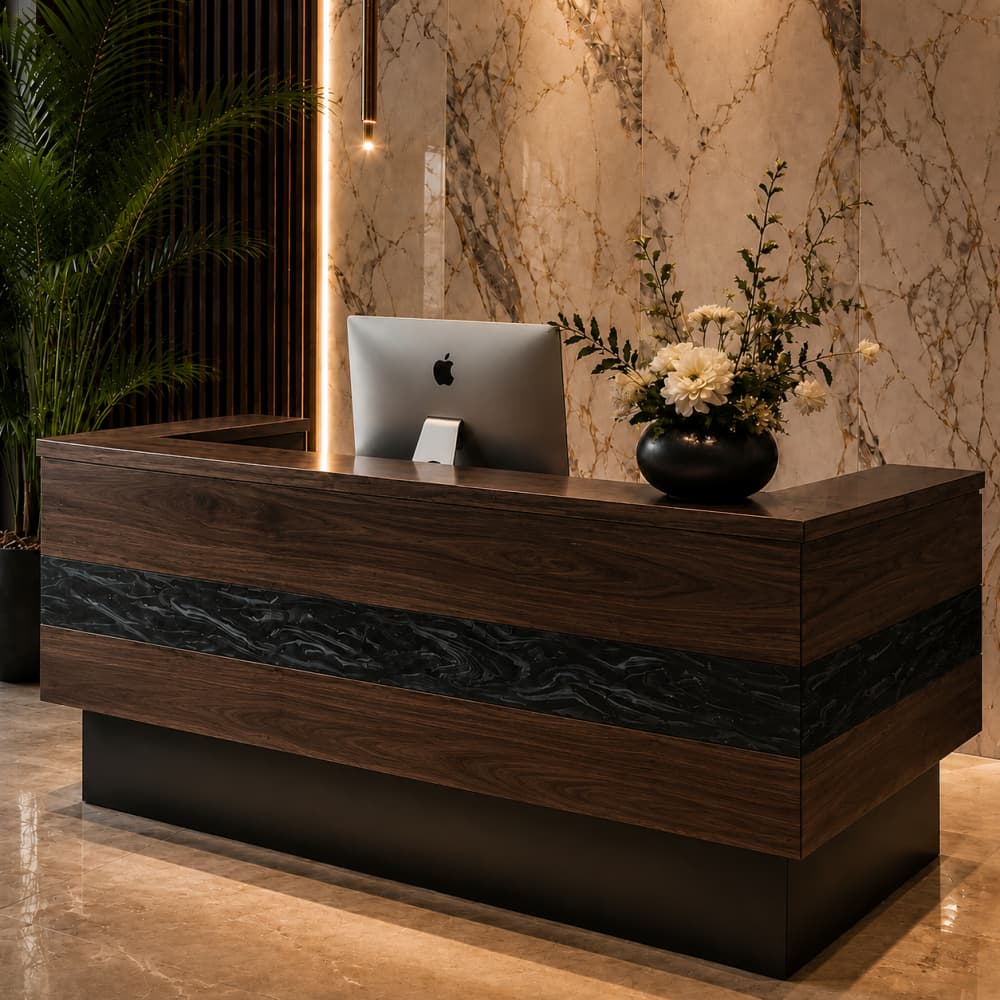 Custom dark walnut wood reception desk with black swirl epoxy resin inlay, luxury hotel lobby front counter with matte black metal base, modern commercial office furniture by Luxcraftwood