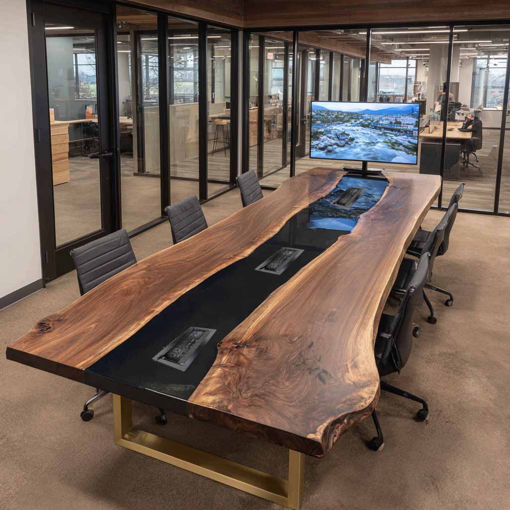 Luxury live edge walnut epoxy conference table with black resin river and built-in power integration for modern executive offices.