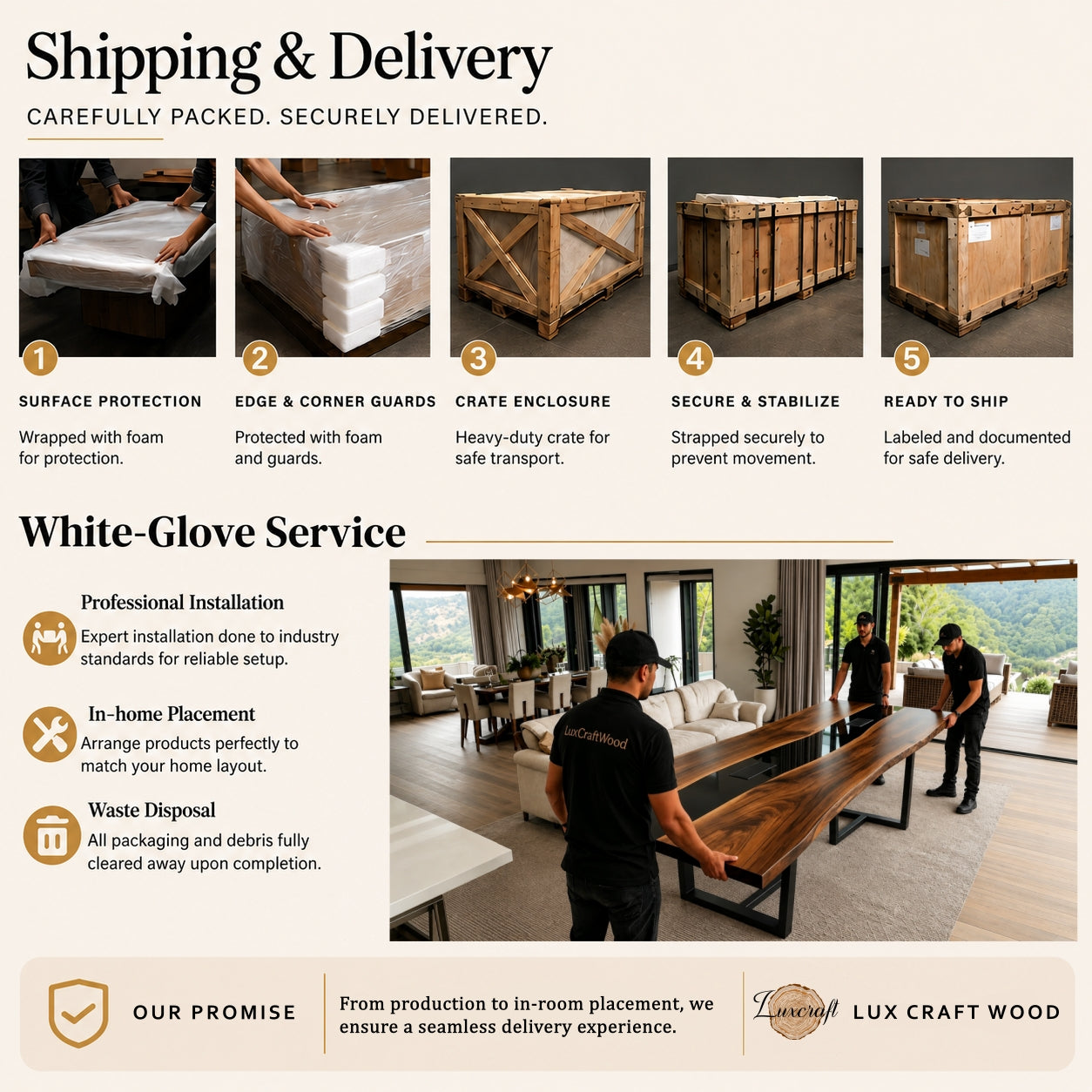 Luxury epoxy conference table shipping process with custom wood crating, secure packaging, and white-glove in-room delivery service.
