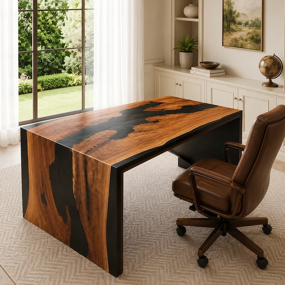 Luxury black epoxy executive desk crafted from black walnut for a modern private office