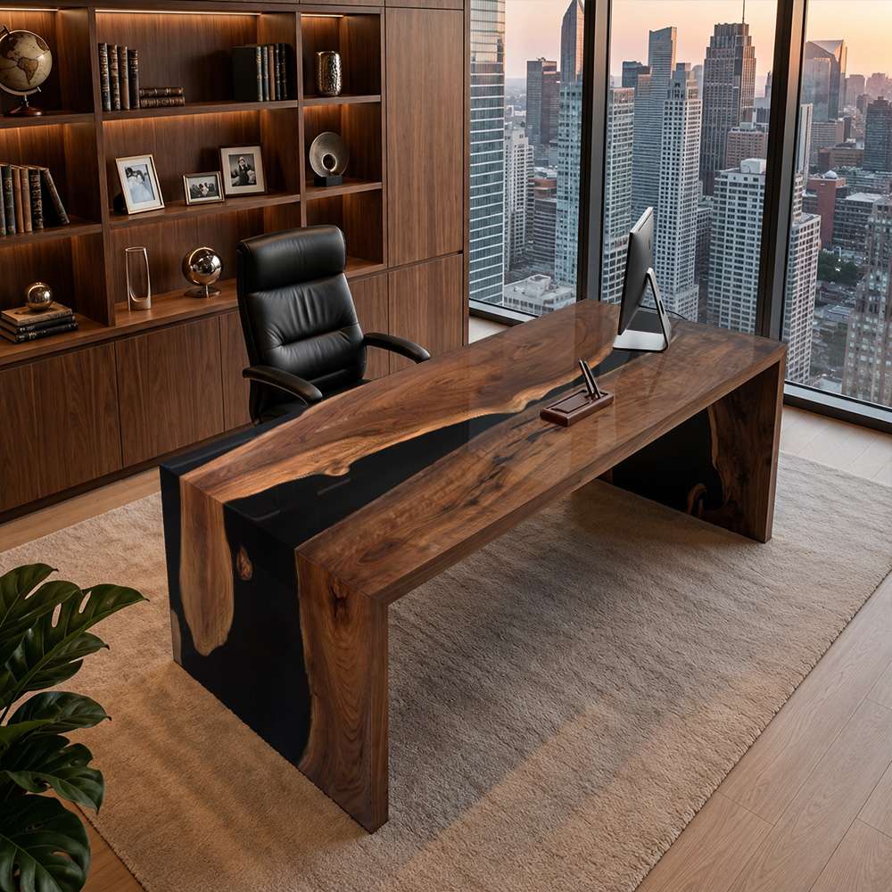Luxury black epoxy office desk with black walnut waterfall sides, created for private offices, corporate suites, and home workspaces