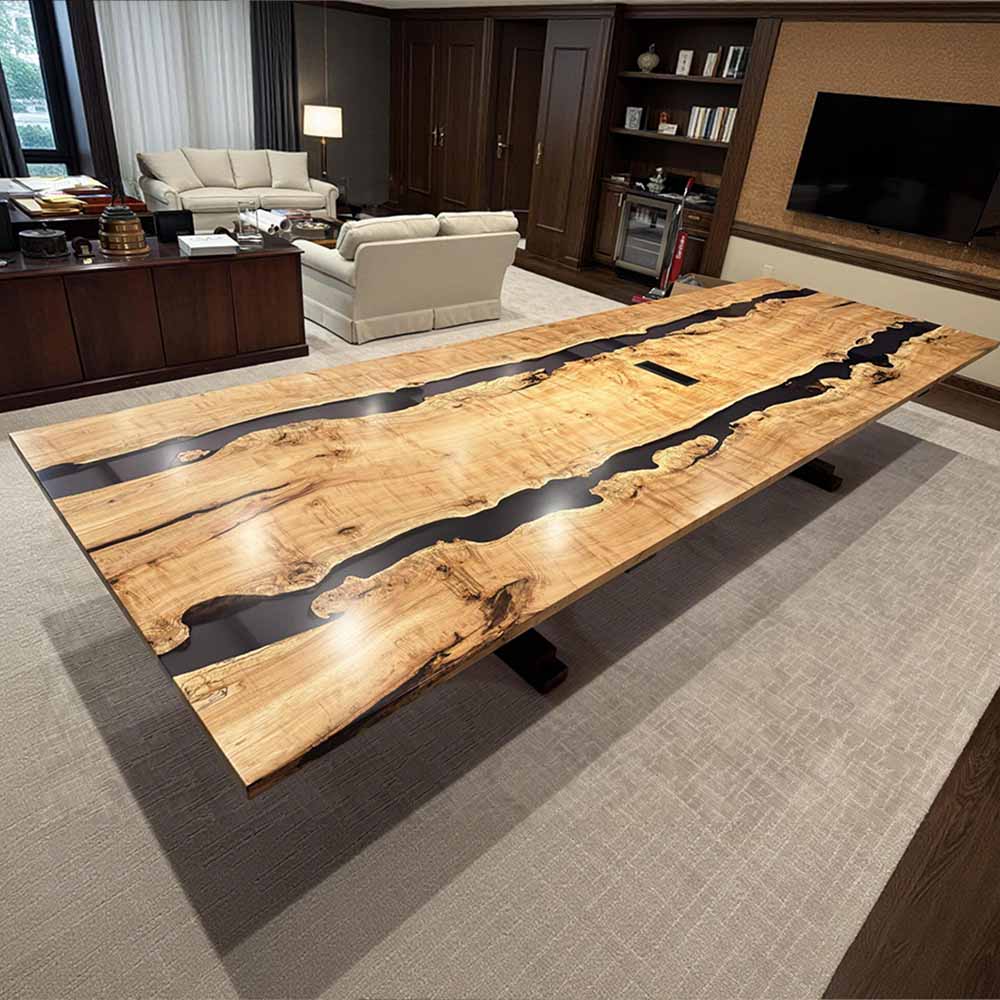Luxury custom conference table made from figured maple and black epoxy resin for modern offices