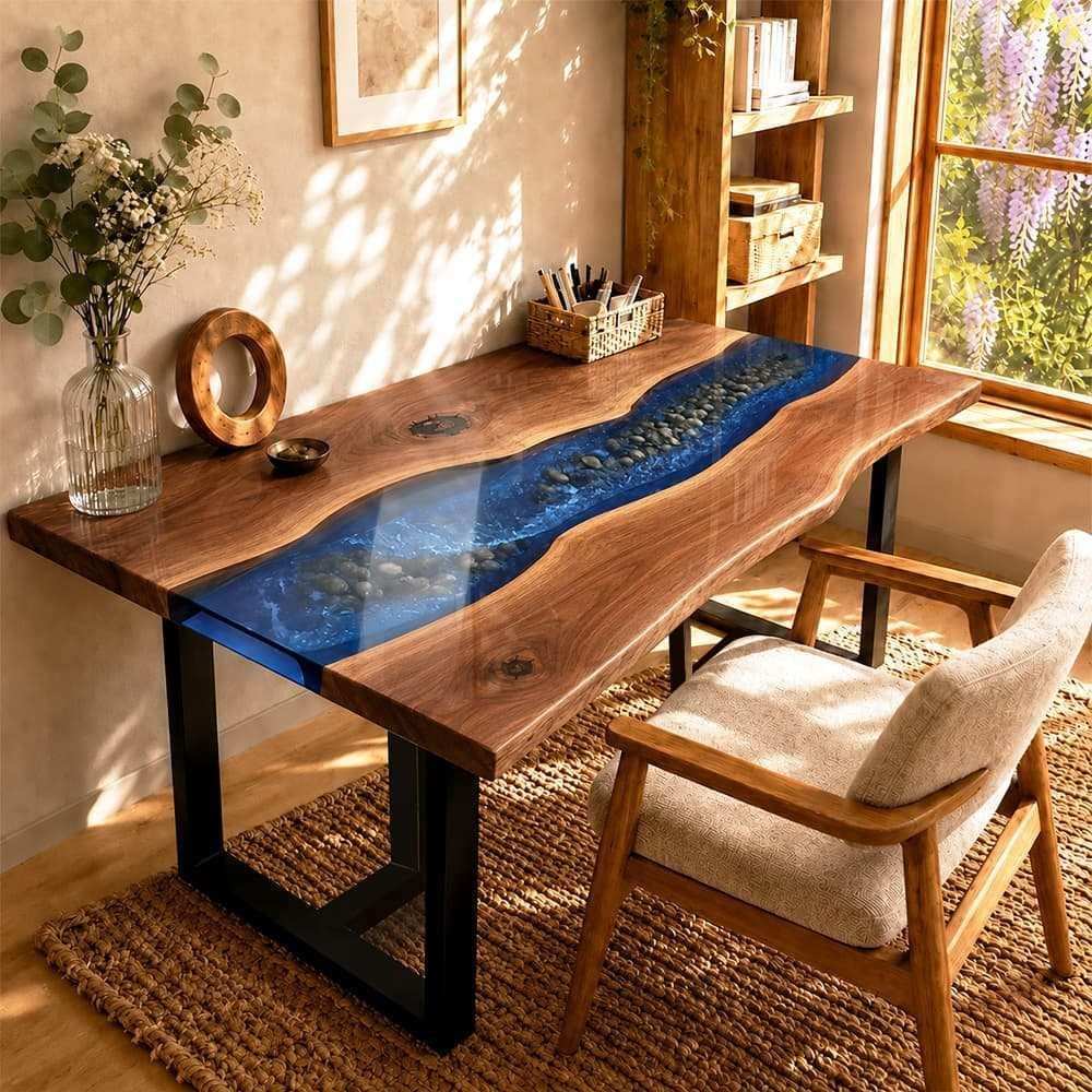Handcrafted live edge black walnut office desk with a pebbled blue epoxy resin river in a sunlit warm home office setup.