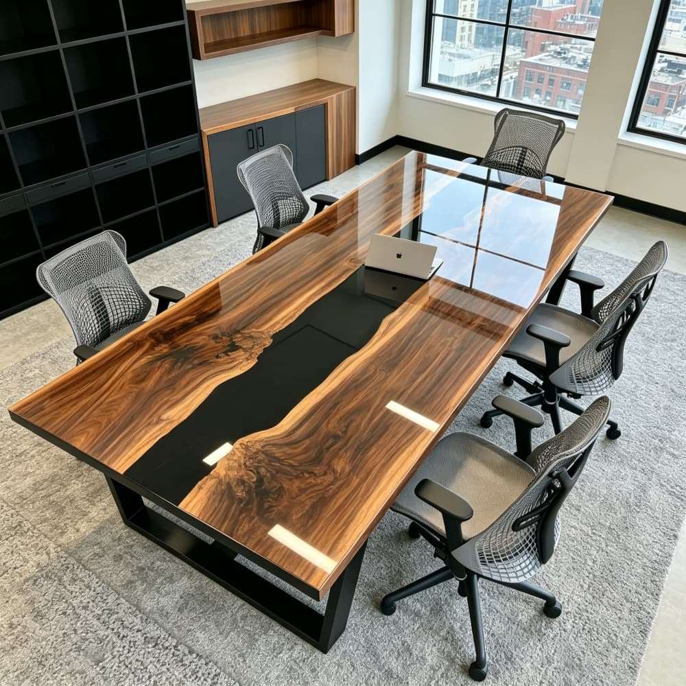 Modern live edge black walnut epoxy river table for corporate boardroom