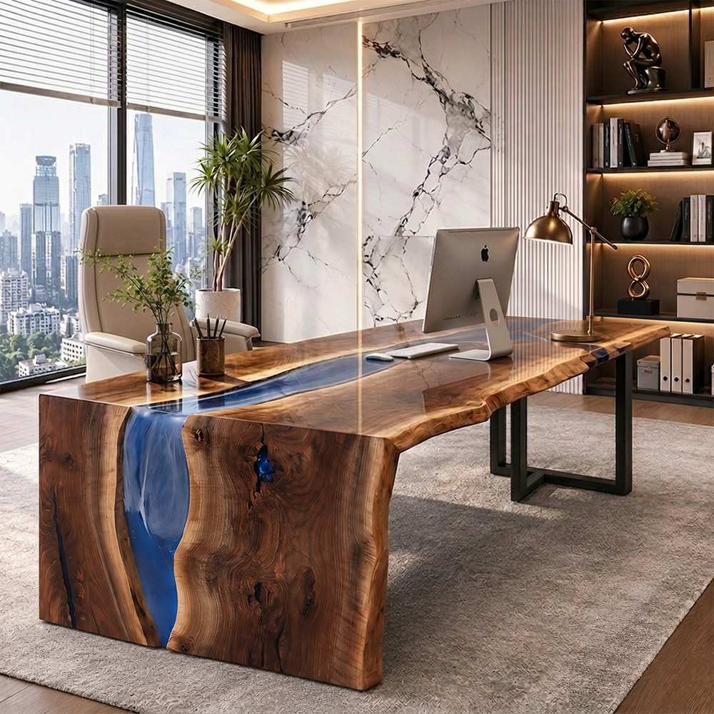 High-end executive black walnut desk with waterfall edge and blue epoxy