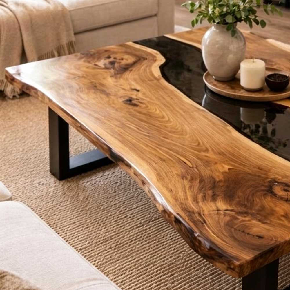 Luxury black walnut coffee table with black epoxy resin for contemporary interiors