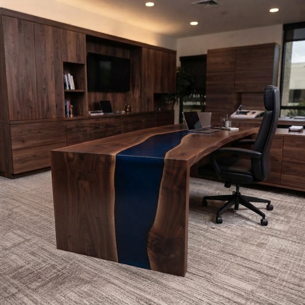 Luxury black walnut resin desk designed for executive offices and professional workspaces