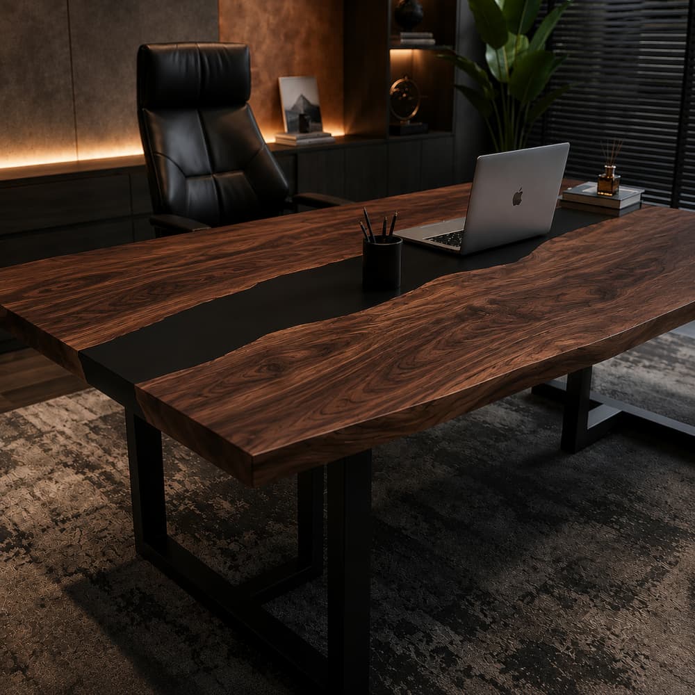 Luxury walnut office desk handcrafted with black epoxy river detail