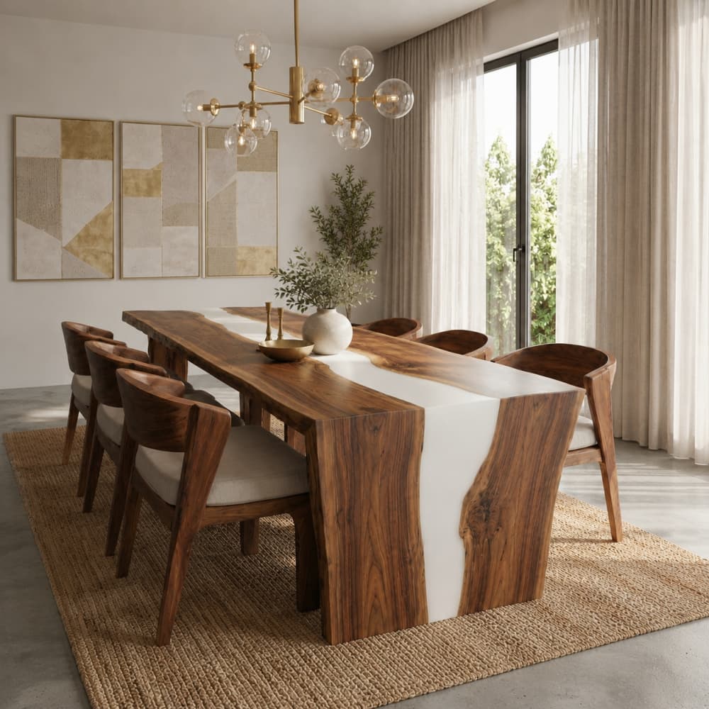 Waterfall dining table in black walnut with pure white resin detail