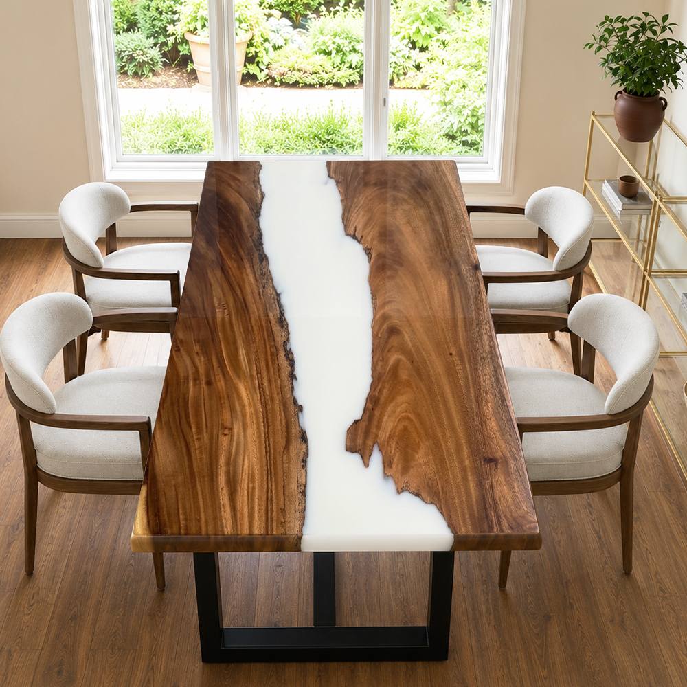 Rectangular black walnut resin table with a bright white epoxy center, suited for modern homes, design studios, and multi-purpose gathering spaces