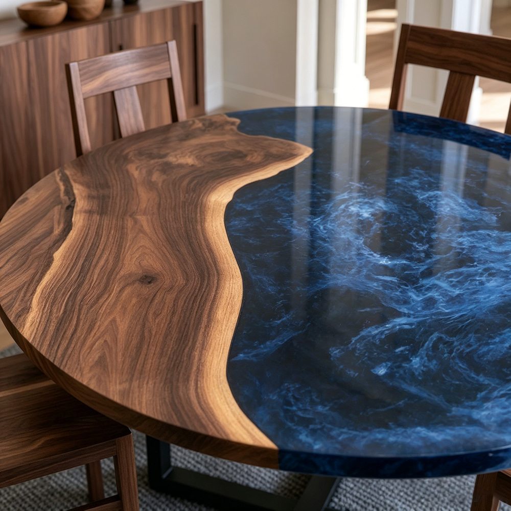 Premium hardwood dining furniture with deep ocean-inspired resin artwork and natural walnut texture