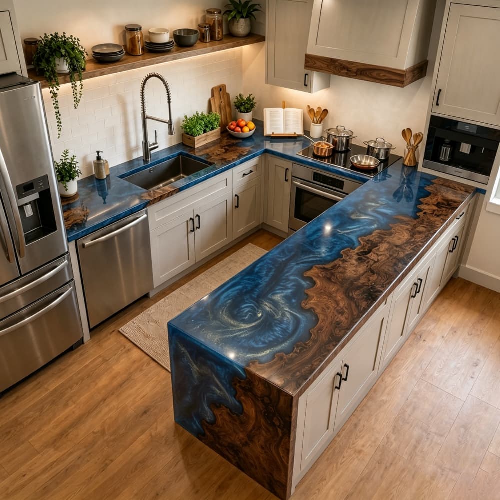 Modern luxury kitchen interior featuring a blue swirl epoxy resin countertop