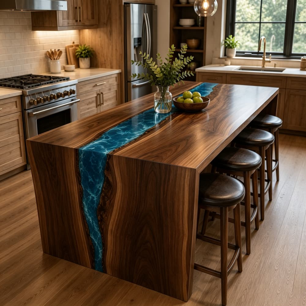 Side view of a premium wood epoxy kitchen hub paired with four matching dark leather upholstered counter stools