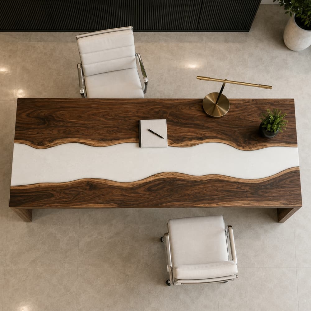 High-end office styling featuring a large wood and white river desk paired with a modern white leather office chair and black fluted sideboard