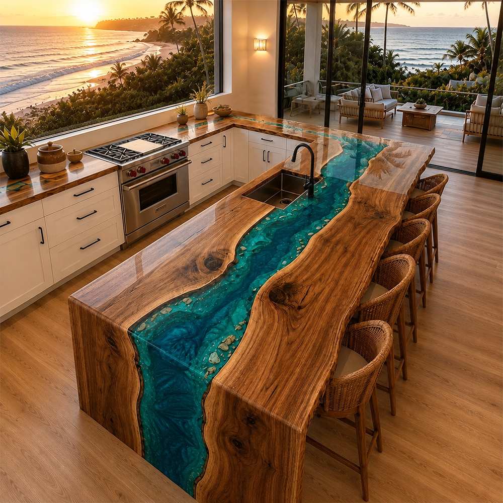 A luxury coastal villa kitchen featuring a large U-shaped wood resin island countertop with a view of a tropical ocean sunset