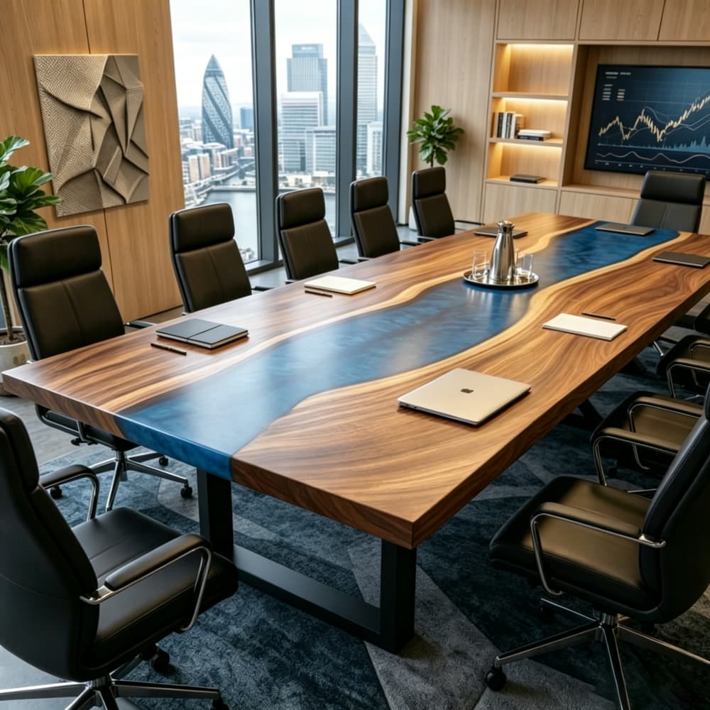 Custom handcrafted commercial-grade executive meeting table made from sustainably sourced black walnut wood and blue resin