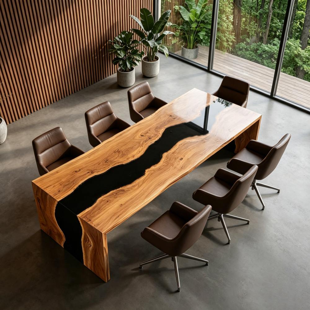 Full commercial boardroom setup featuring a premium 10-foot long walnut and resin river table surrounded by modern swivel armchairs near large windows