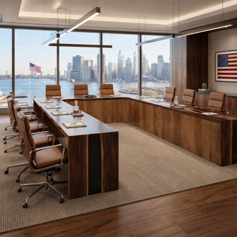 High-end modern executive boardroom setup featuring a large handcrafted timber and resin statement table