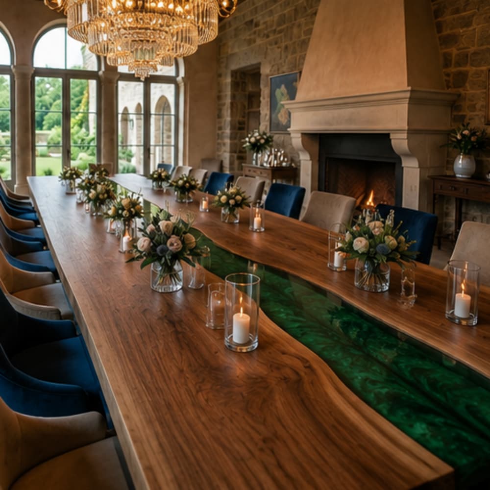 Large walnut banquet table designed for upscale dining and entertaining