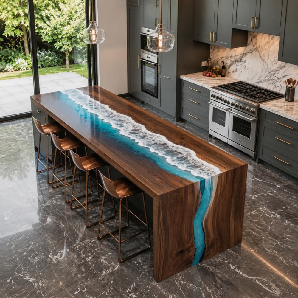 Waterfall black walnut epoxy island table with blue ocean resin river