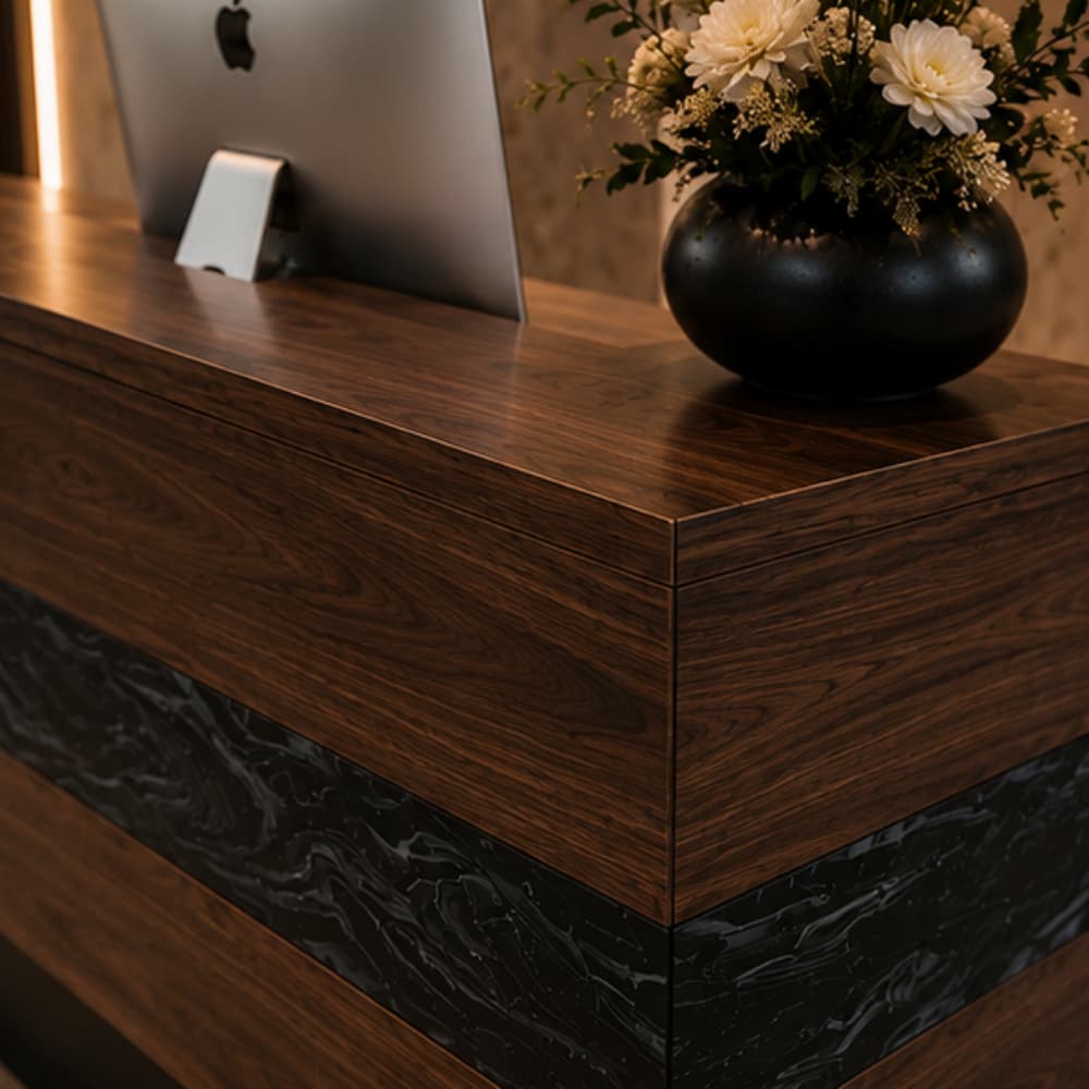 Modern dark walnut wood reception desk with black epoxy resin inlay, high-end custom commercial lobby front furniture for hotel and business space