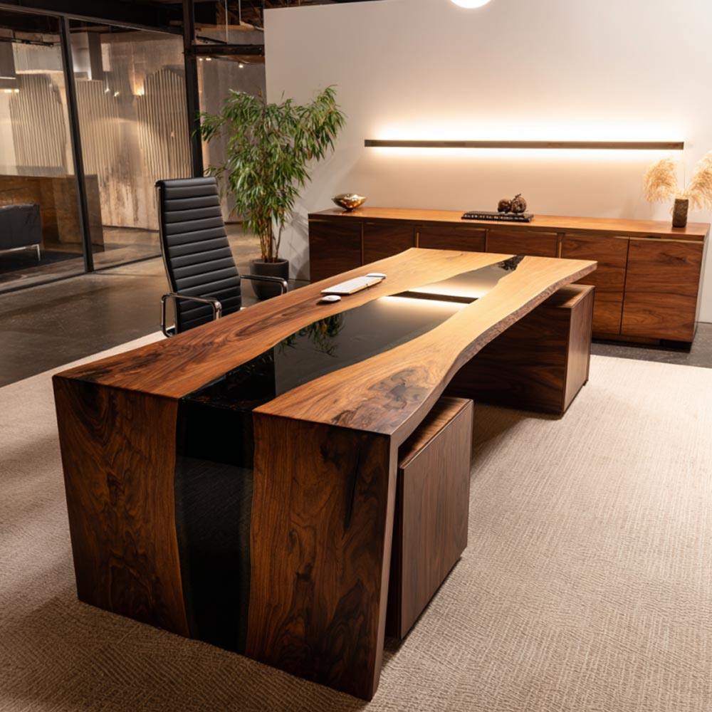 Luxury black walnut executive office table featuring a black epoxy resin river, waterfall legs, handcrafted live edge design, and modern workspace styling