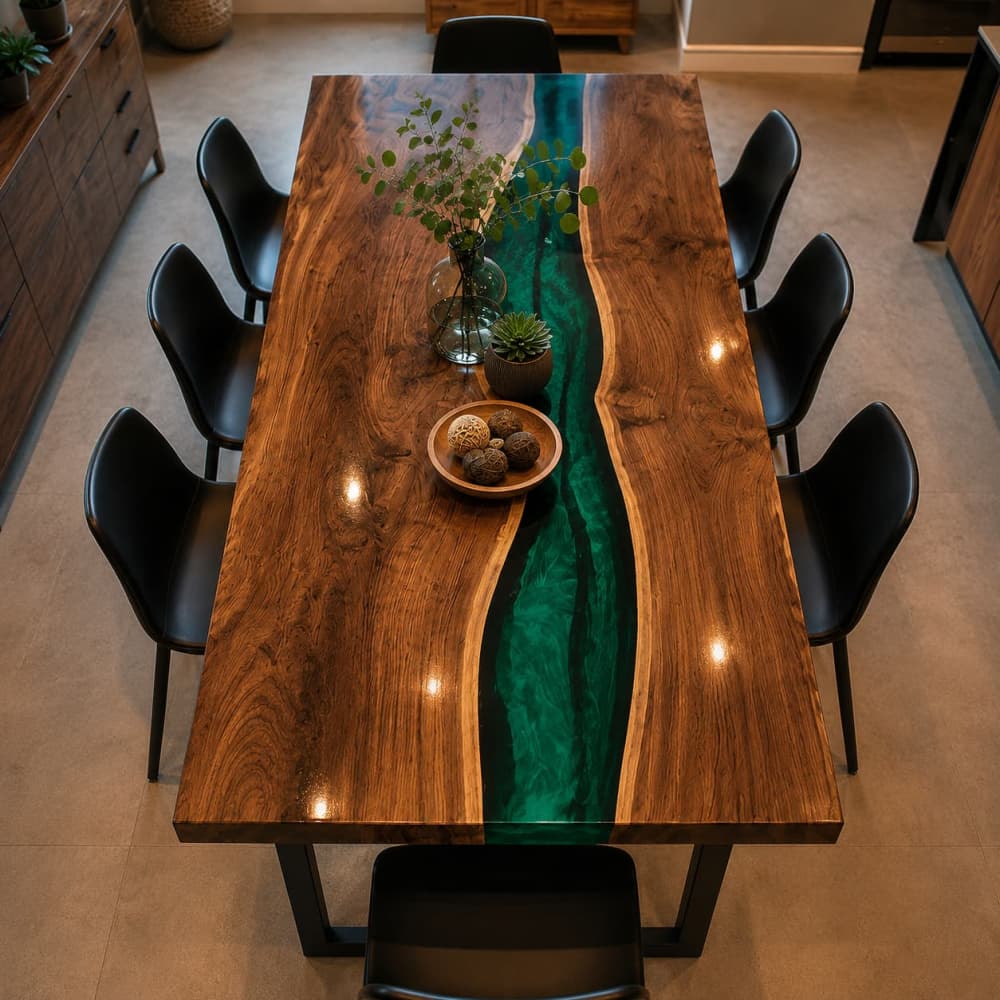 Luxury green epoxy river dining table crafted from solid black walnut wood