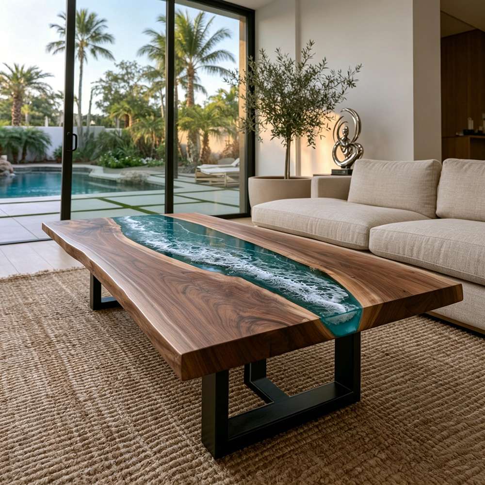 Modern handcrafted cocktail table with flowing shoreline resin, organic wood edges, and a gallery-quality finish