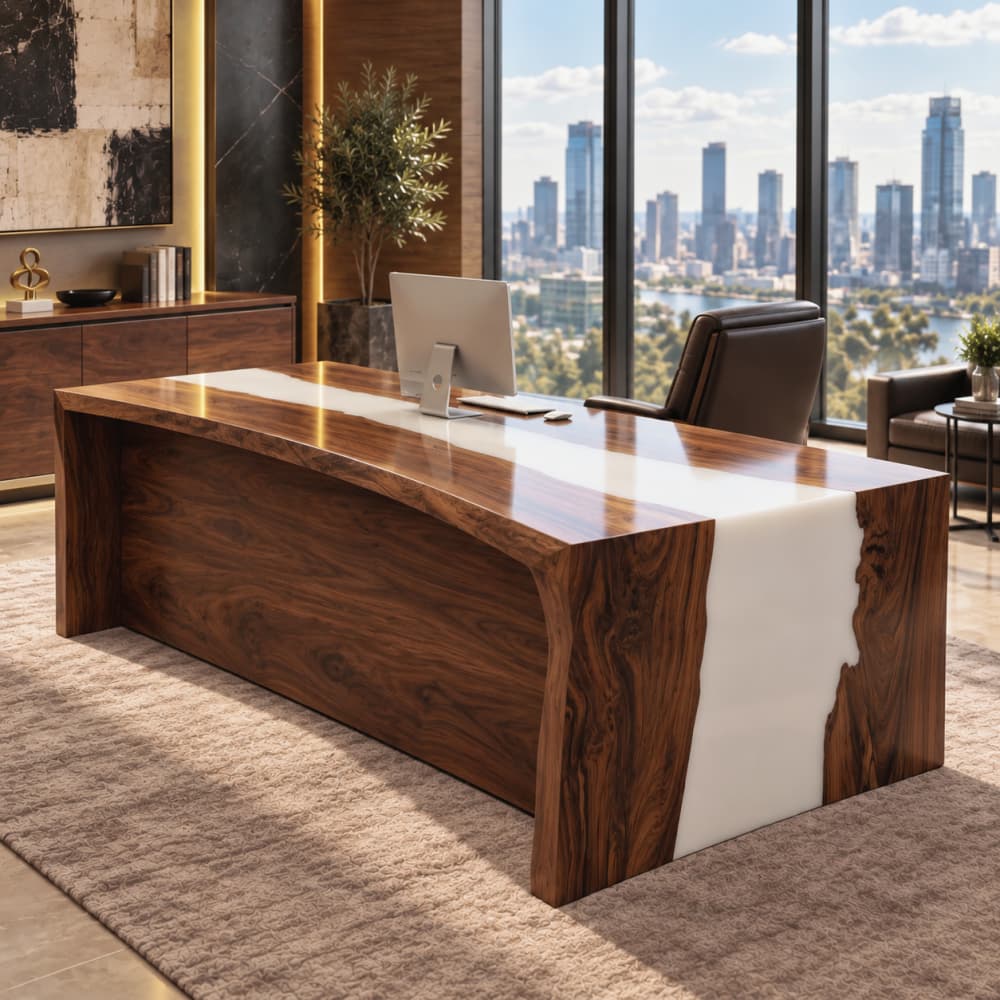 Luxury handcrafted solid black walnut waterfall edge epoxy office desk with polished glossy white resin