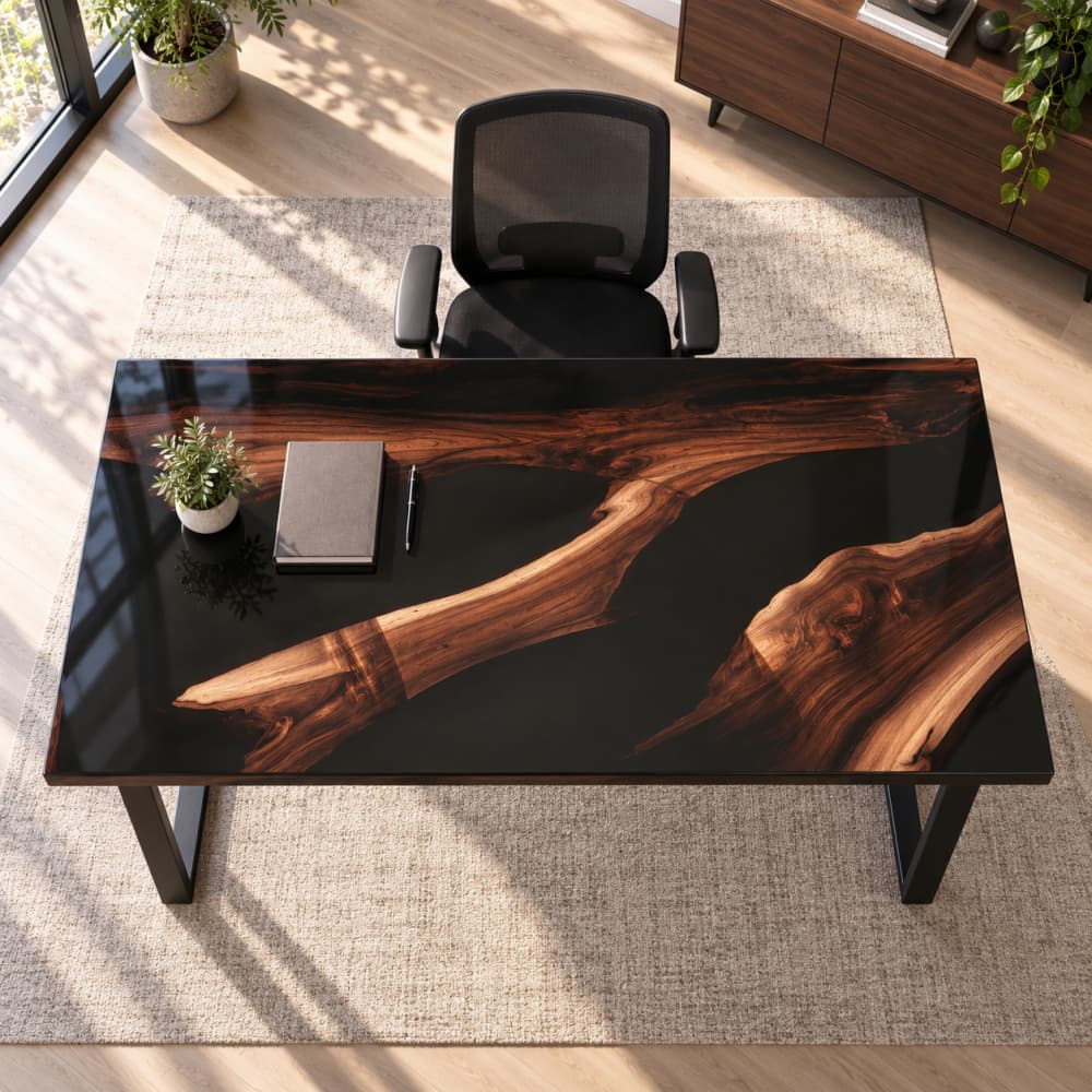 Luxury handmade river wood executive epoxy desk set in bright modern home office, live edge walnut resin workstation for remote work