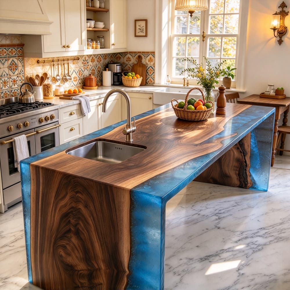 Luxury handmade solid black walnut epoxy kitchen island, statement furniture for modern home kitchen renovation