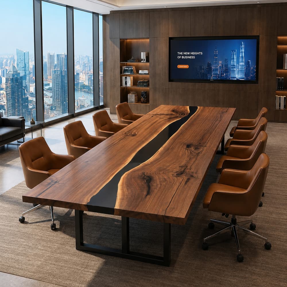 Premium black walnut epoxy resin conference table centered in a high-rise executive boardroom with a major US city skyline background