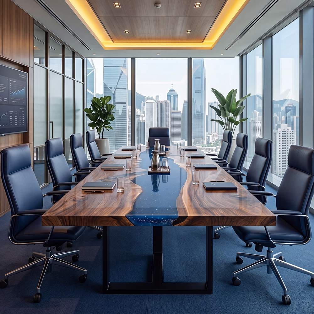 Symmetrical view of silver carafes and black notebooks placed neatly on a gloss-finished walnut wood and blue epoxy table