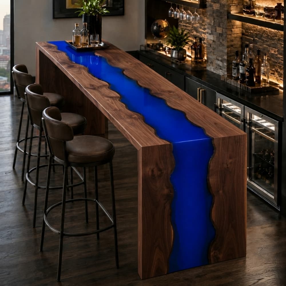 Premium custom walnut waterfall bar table featuring a glowing navy blue resin river inside a dark moody home lounge with barstools