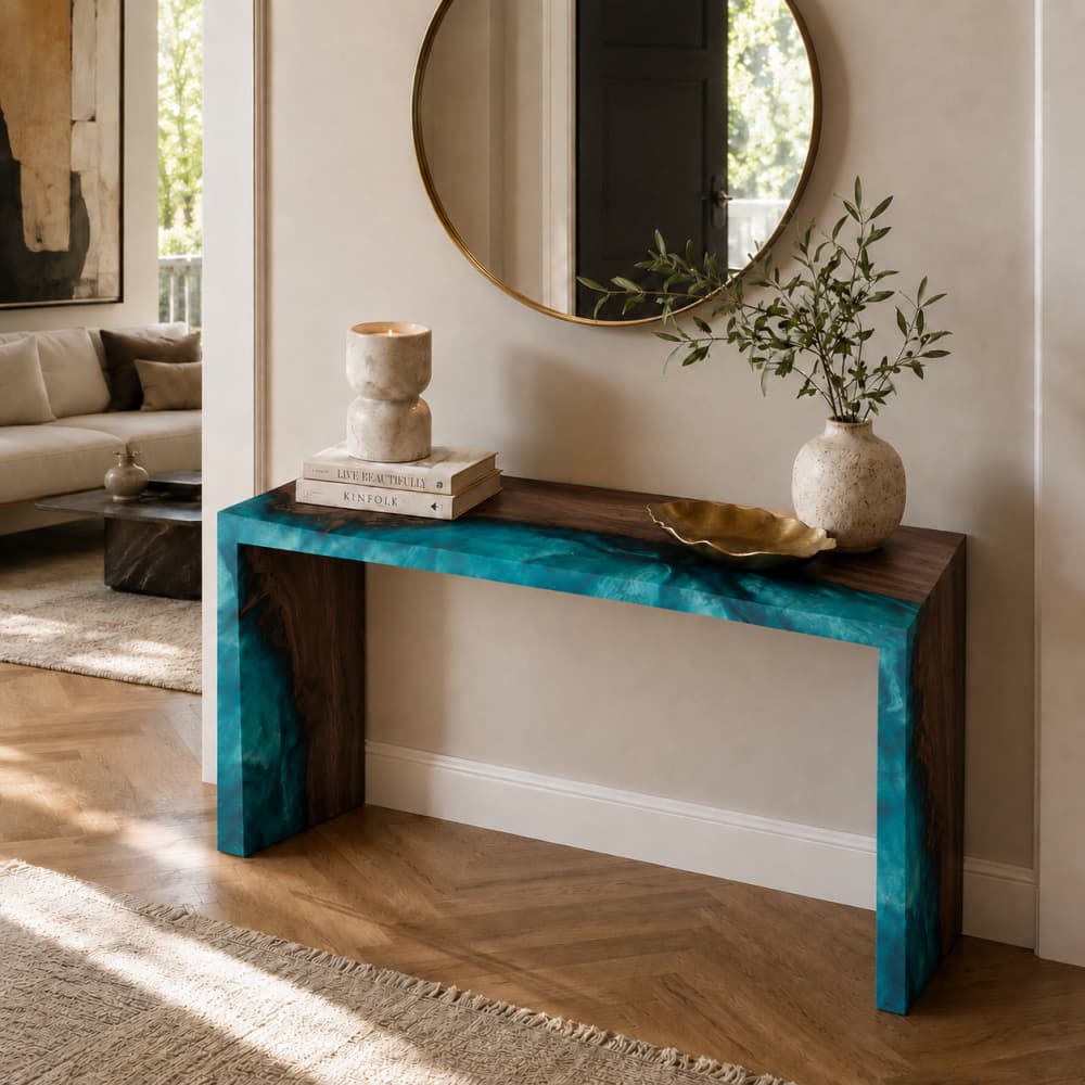 A luxury home entrance featuring a custom walnut wood foyer table with a deep blue wave resin inlay styled with a large round mirror