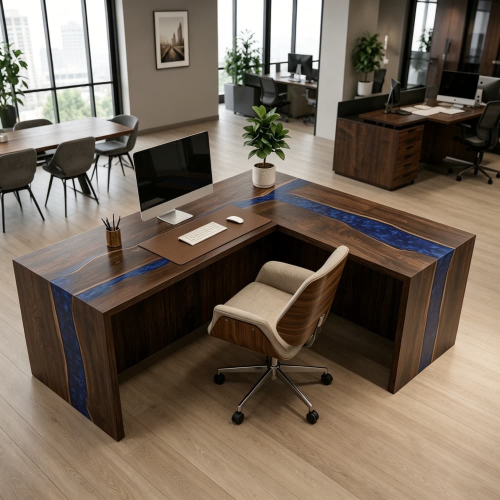 Custom epoxy resin and solid wood desk for modern home office