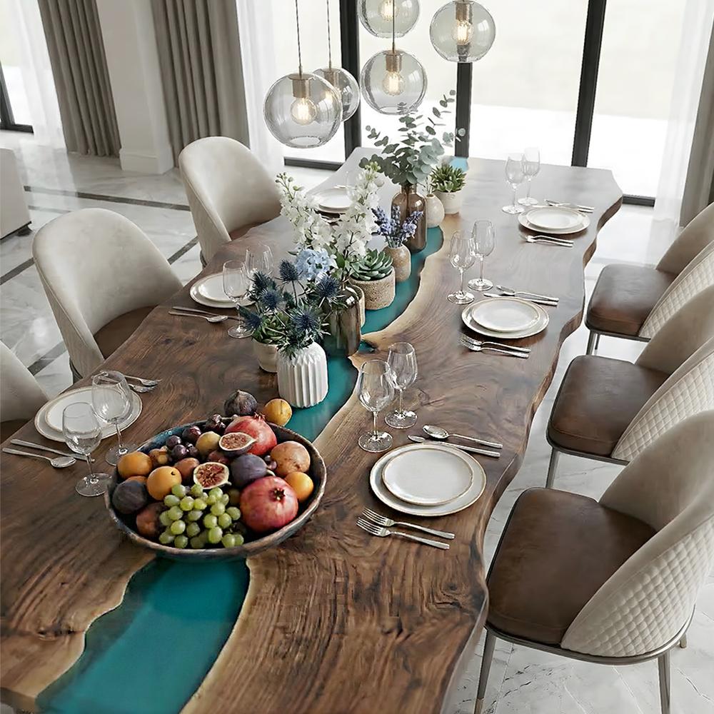 Large black walnut banquet table with transparent epoxy river for hospitality and event venues