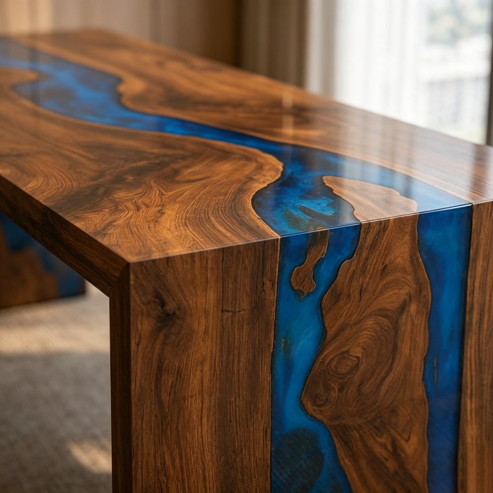 Black walnut lobby table with blue swirl epoxy resin and waterfall ends