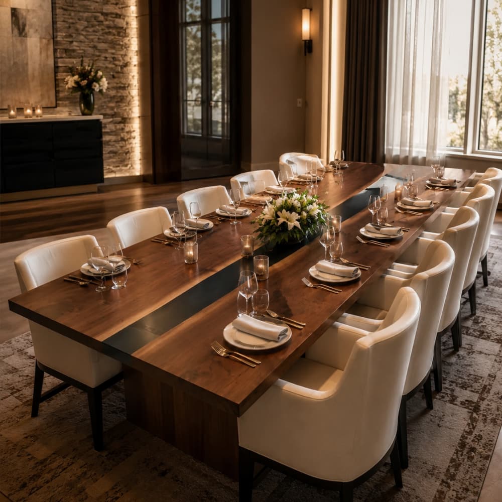 Large high-capacity corporate hospitality dining table featuring premium hardwood slabs and black resin