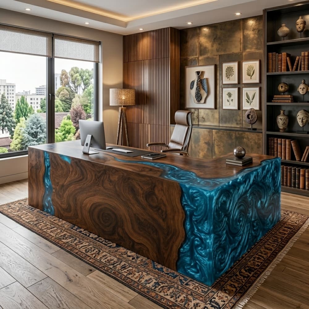 Bespoke resin and walnut executive office furniture for modern workspaces