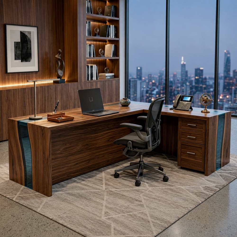 Modern executive office desk with built-in storage drawers and resin detailing