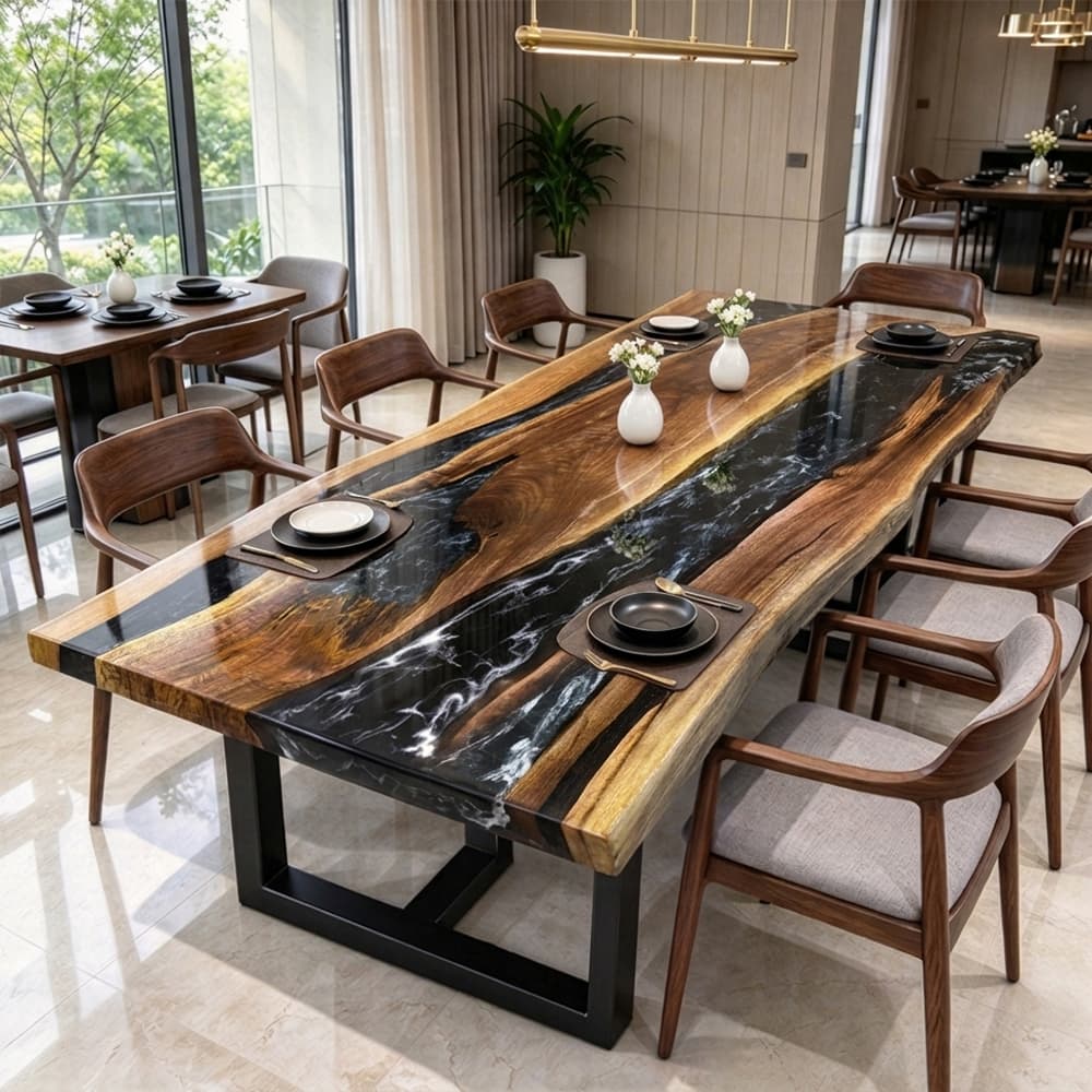 Luxury large walnut slab titanium silver epoxy river table in bright modern dining room interior
