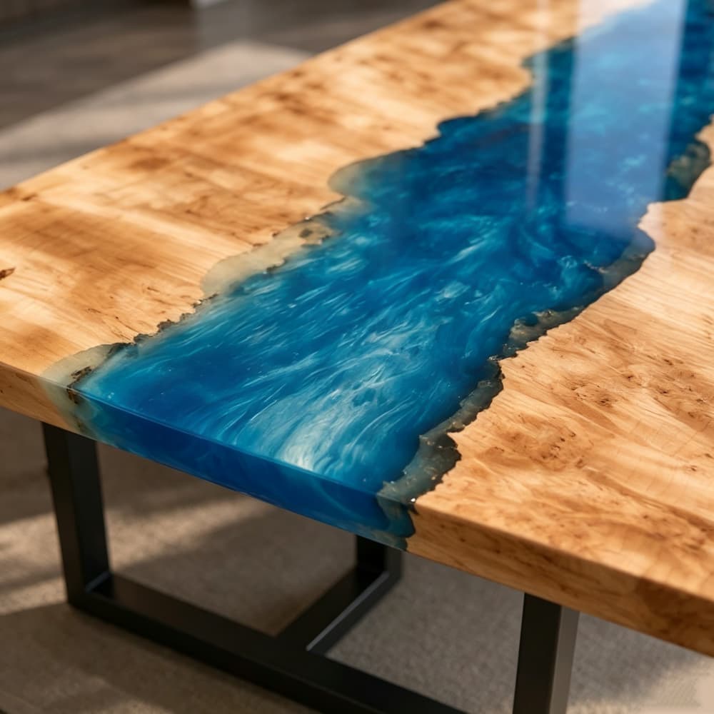 Light wood blue epoxy desk with sleek black metal legs for a professional office