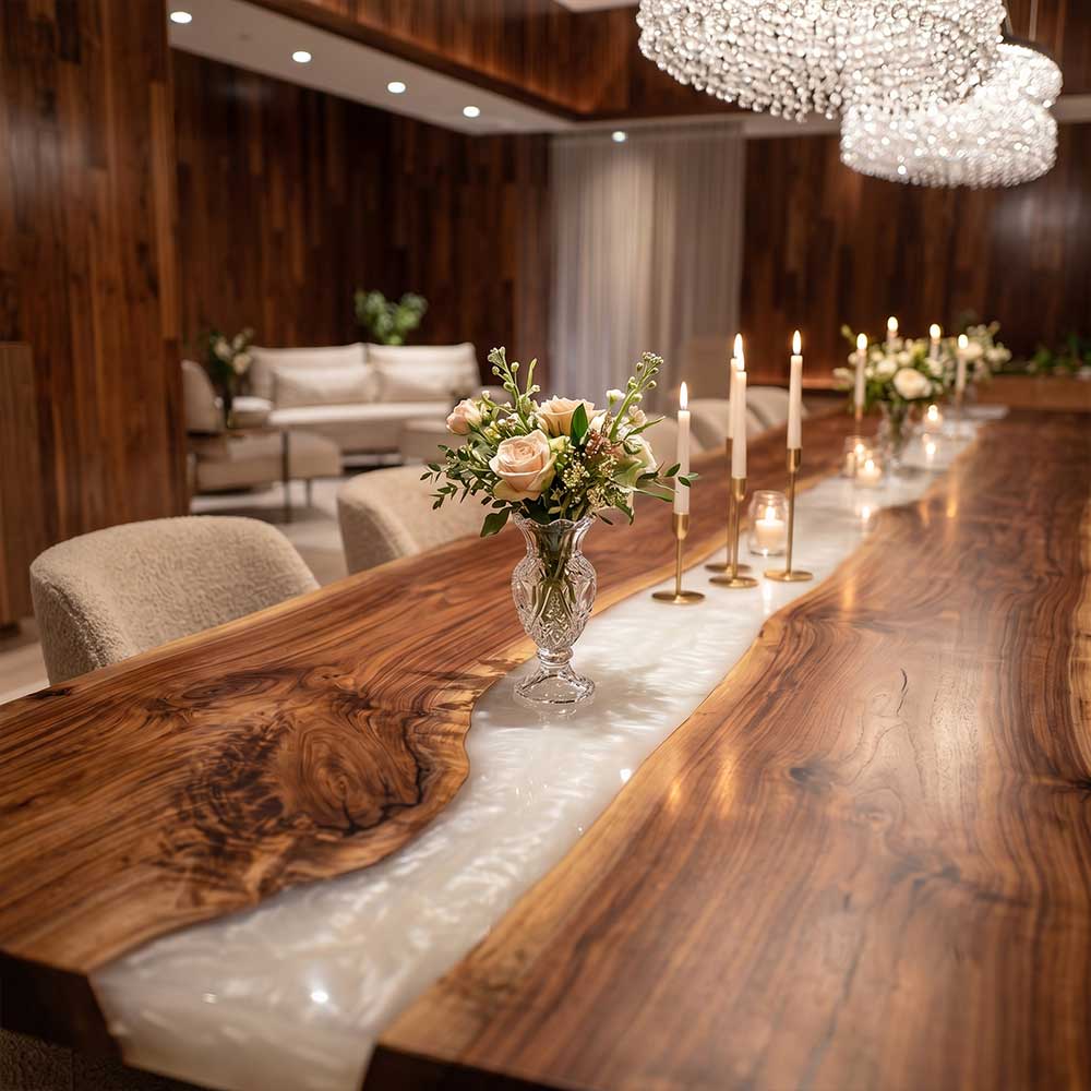 Luxury live edge walnut banquet table crafted from solid wood and crystal-clear epoxy resin