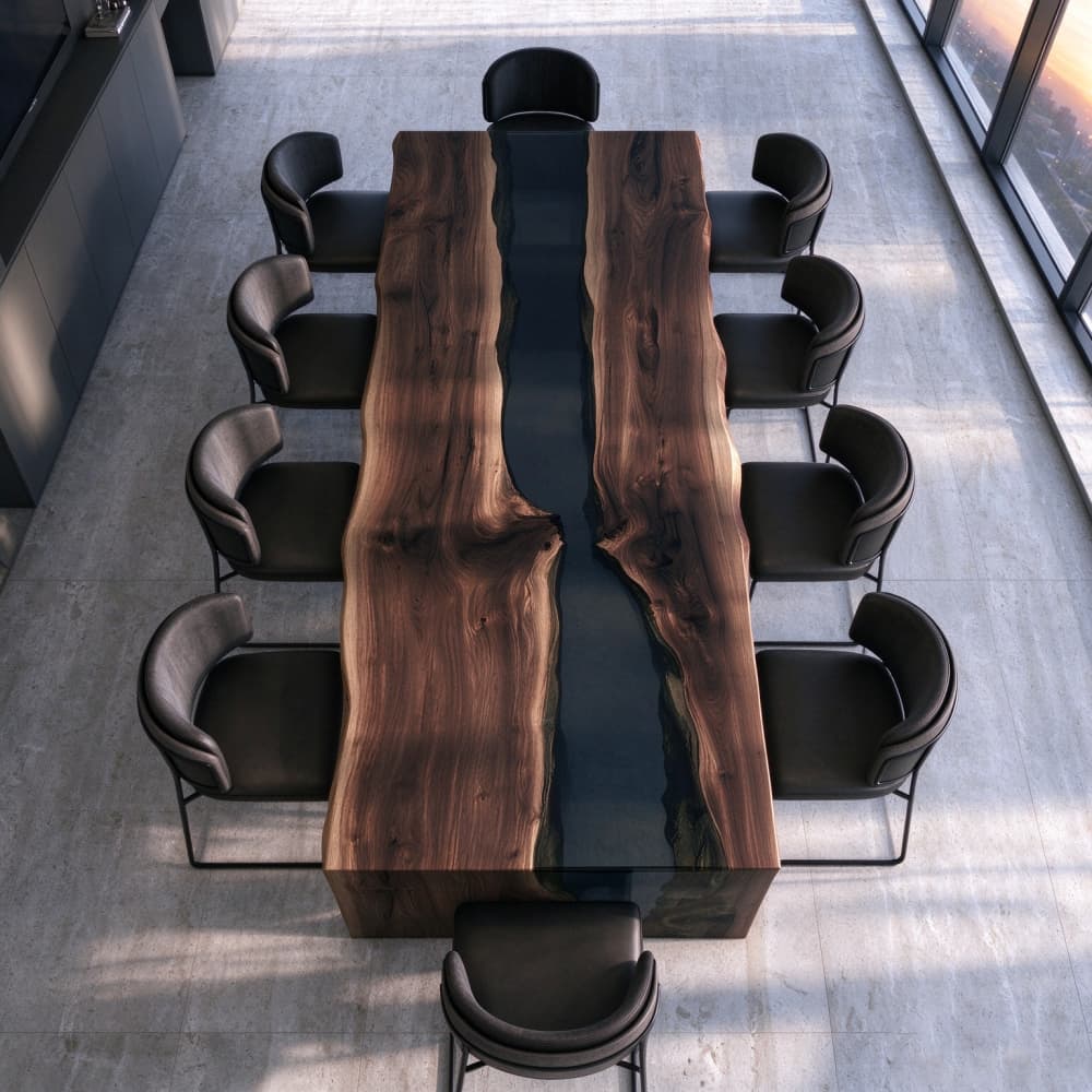 Rich natural grain and irregular live edges of a black walnut slab used in a handcrafted epoxy resin boardroom table.
Copy alt text