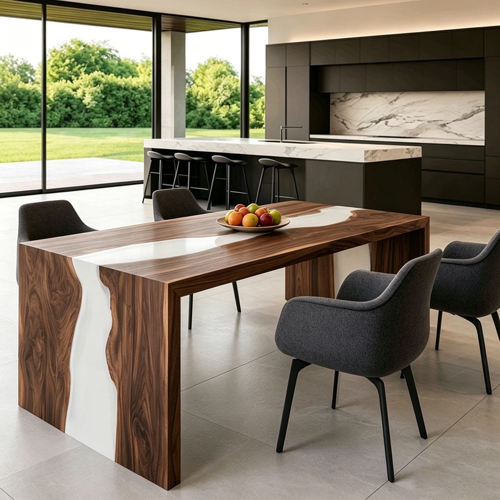 Luxury waterfall dining furniture showcasing natural walnut grain with a refined resin inlay