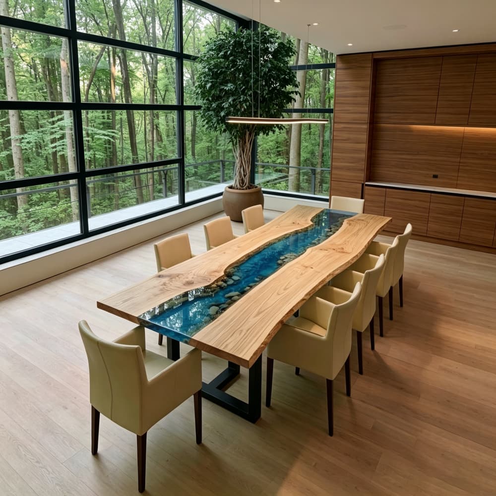 High-end custom epoxy resin furniture set with modern white leather dining chairs and solid wood flooring