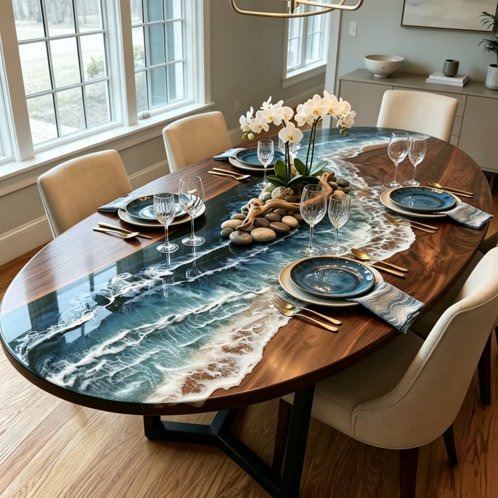Rich natural wood grain contrasted with layered blue resin on a luxury dining table