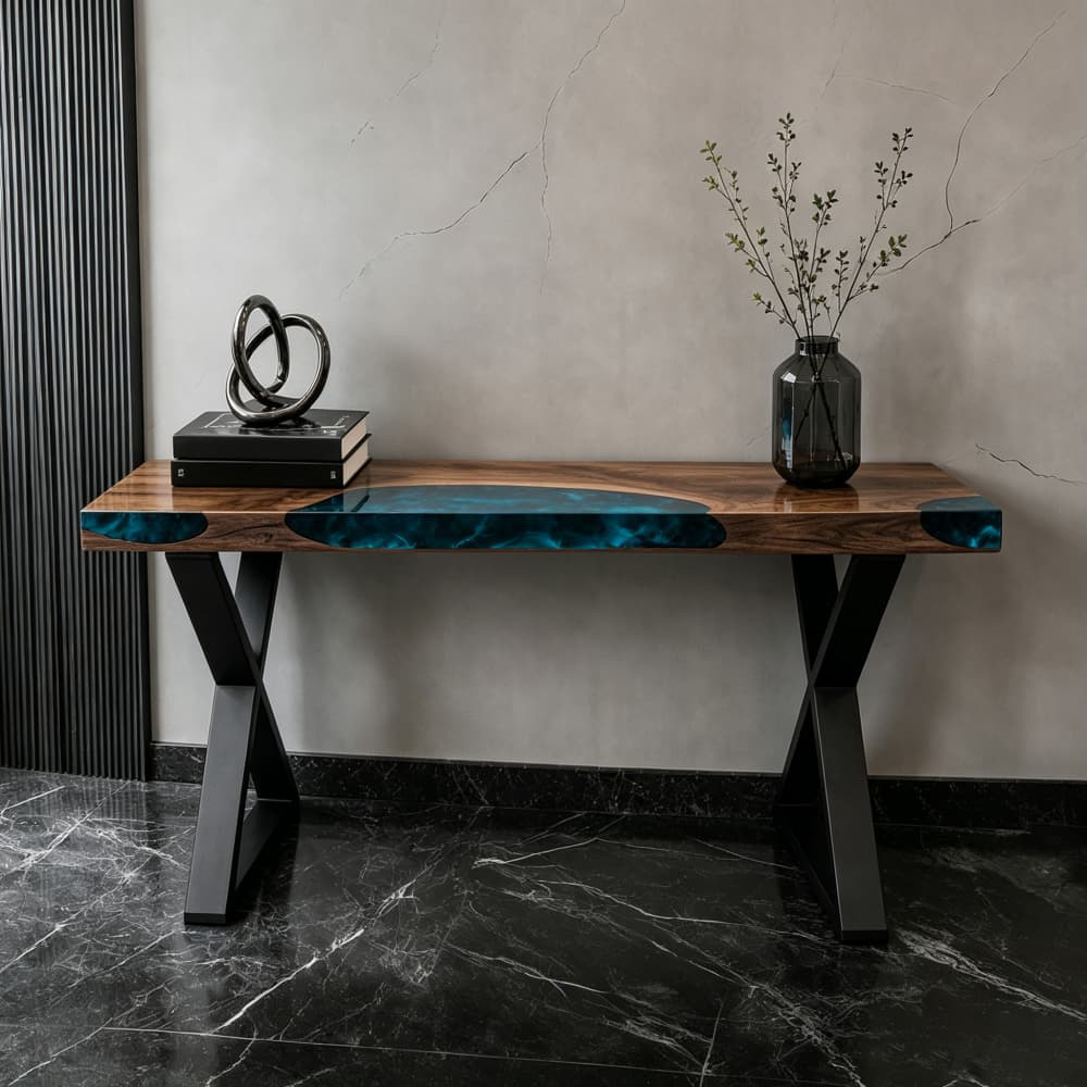 Handcrafted walnut and navy epoxy console table used in modern luxury lobby interior
