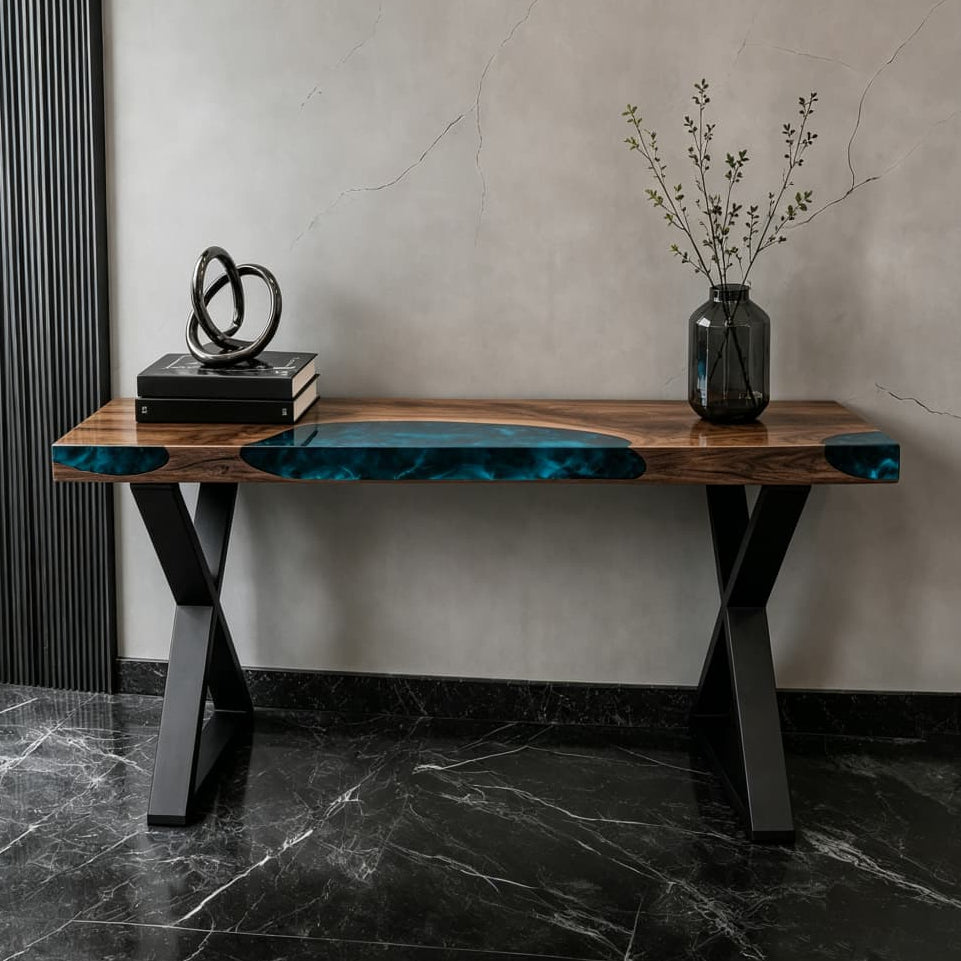 Handcrafted walnut and navy epoxy console table used in modern luxury lobby interior